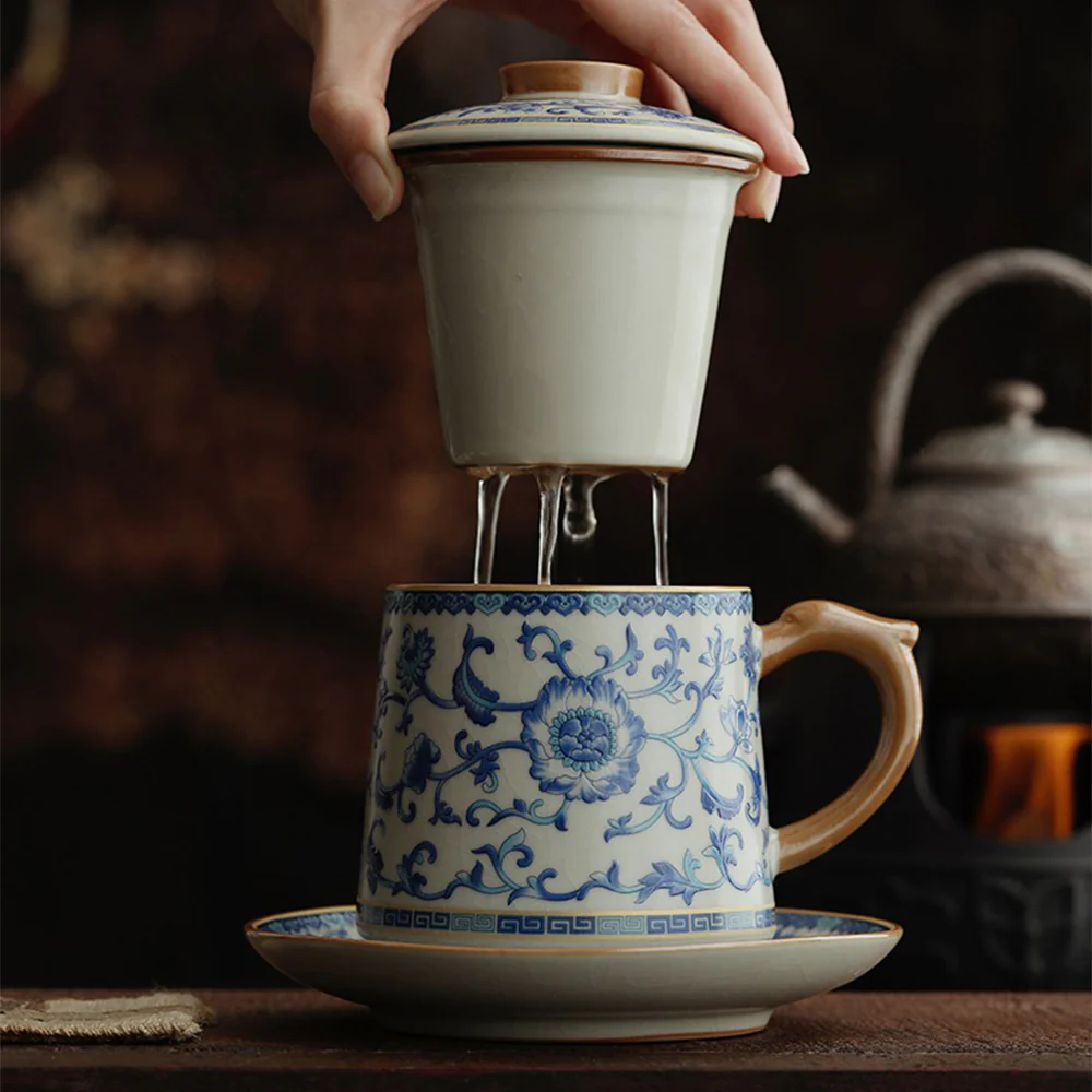 Blue And White Ruyao Twig Flowers Tea Cup - Image 4