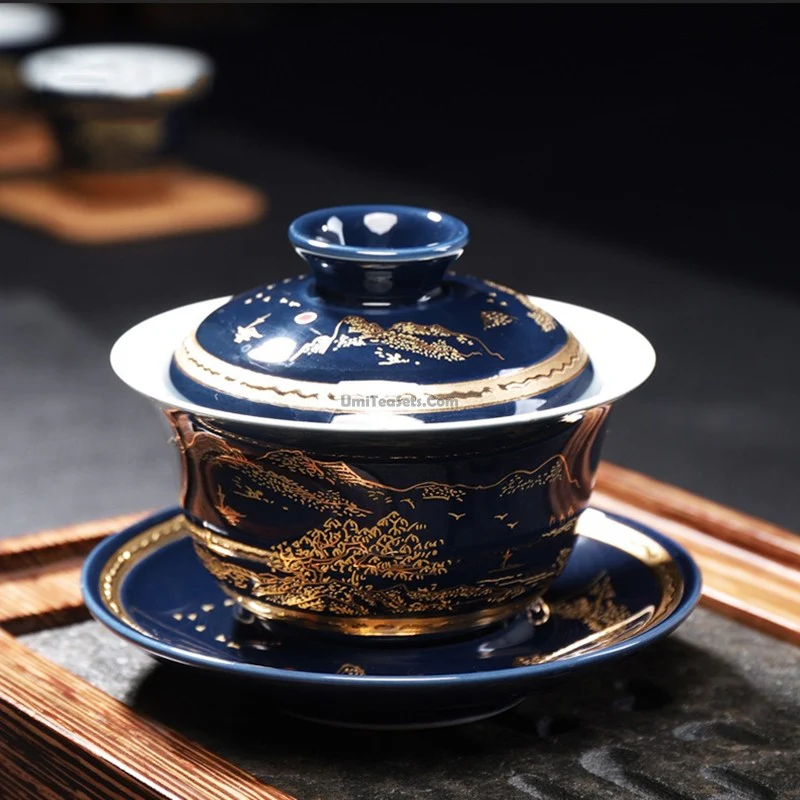 Chinese Blue Landscape Porcelain Tea Set - Image 4