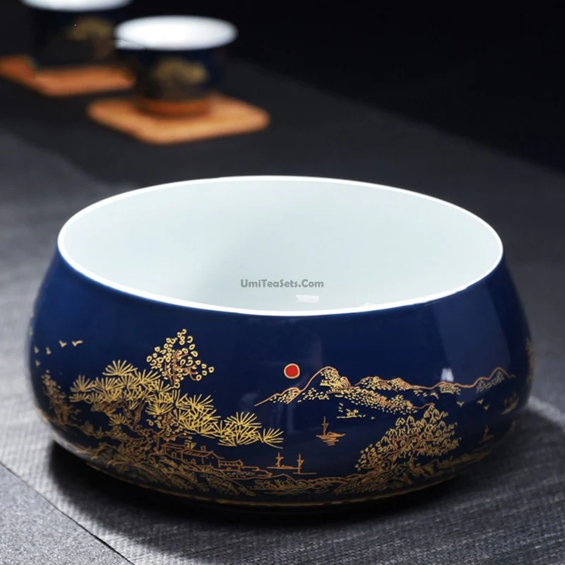 Chinese Blue Landscape Porcelain Tea Set - Image 6