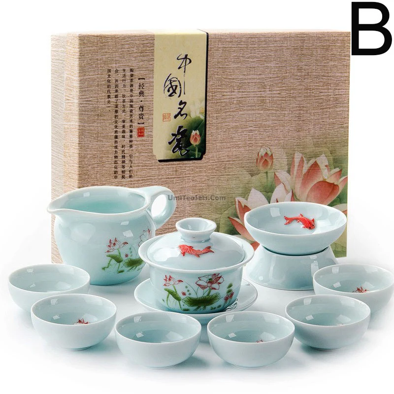 Chinese Jade Porcelain Lotus Gaiwan Tea Set - Image 3