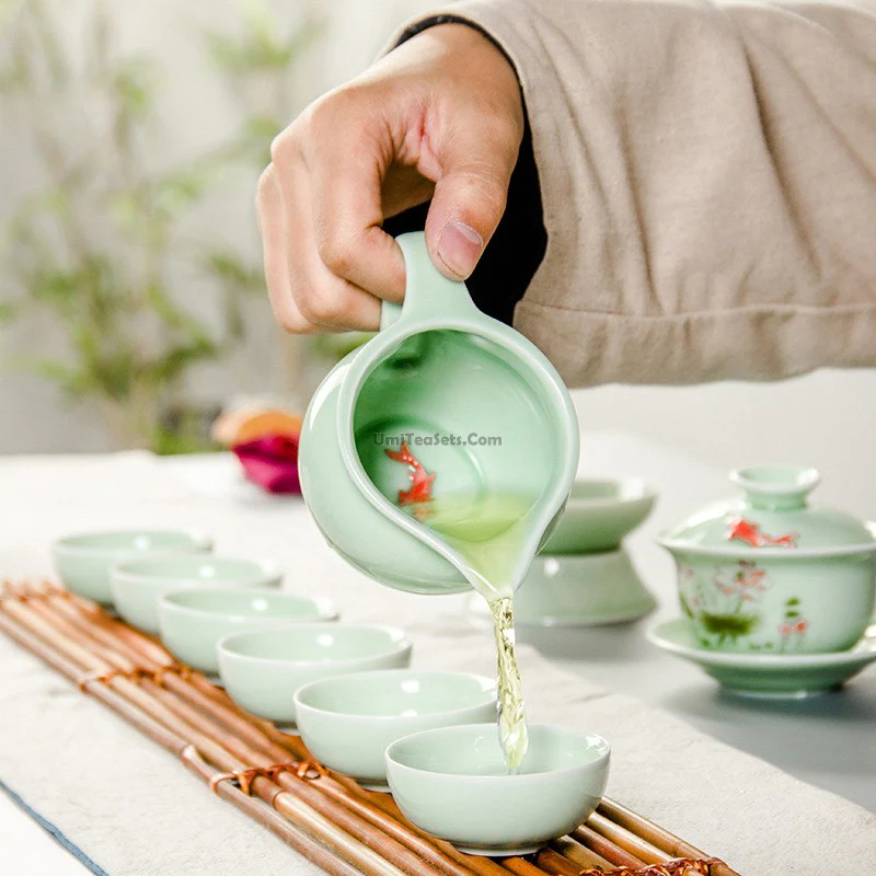 Chinese Jade Porcelain Lotus Gaiwan Tea Set - Image 4