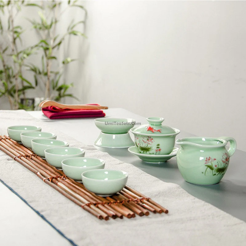 Chinese Jade Porcelain Lotus Gaiwan Tea Set - Image 6