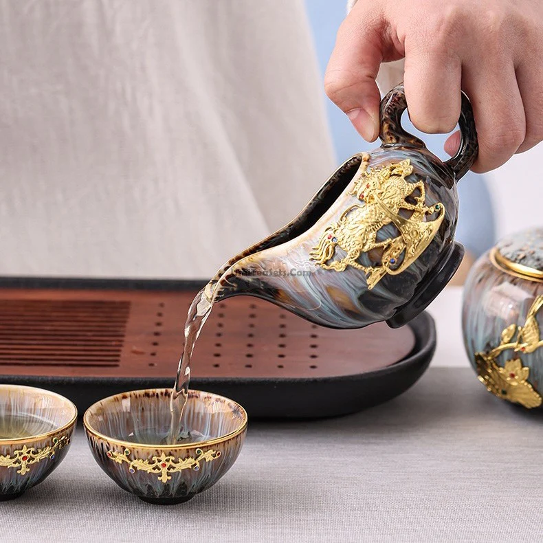 Chinese Jian Zhan Golden Dragon Tea Set - Image 4