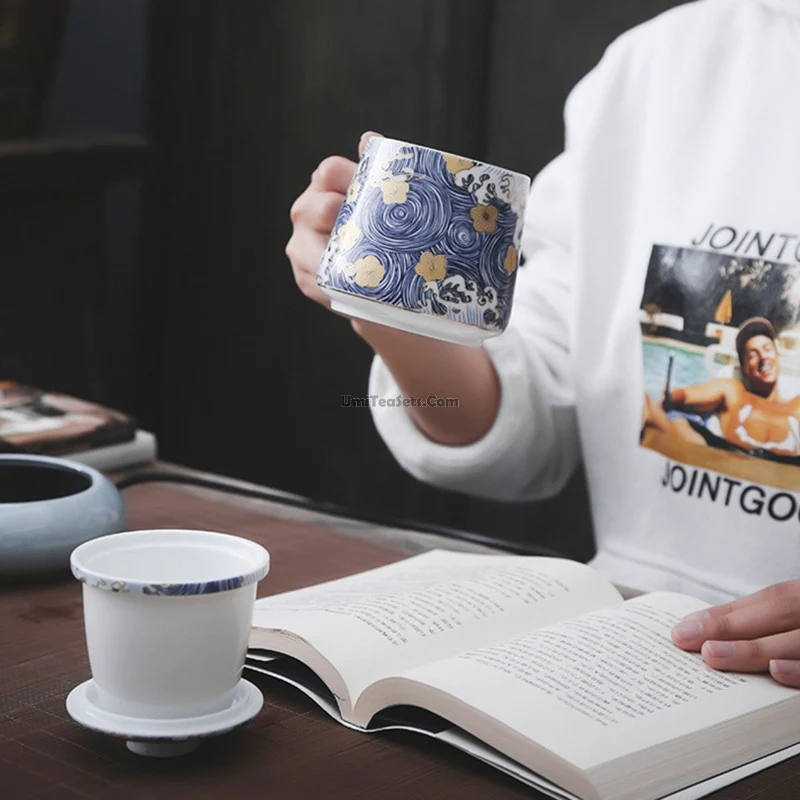 Chinese Sea Wave Office Tea Cup With Infuser - Image 3