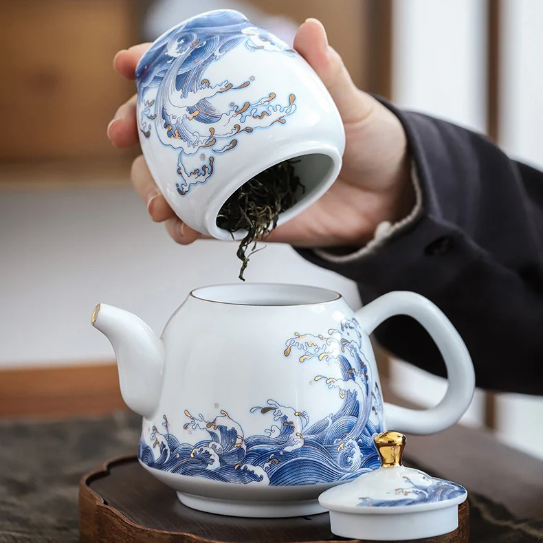 Chinese Sea Wave Teapot With Golden Rims - Image 10