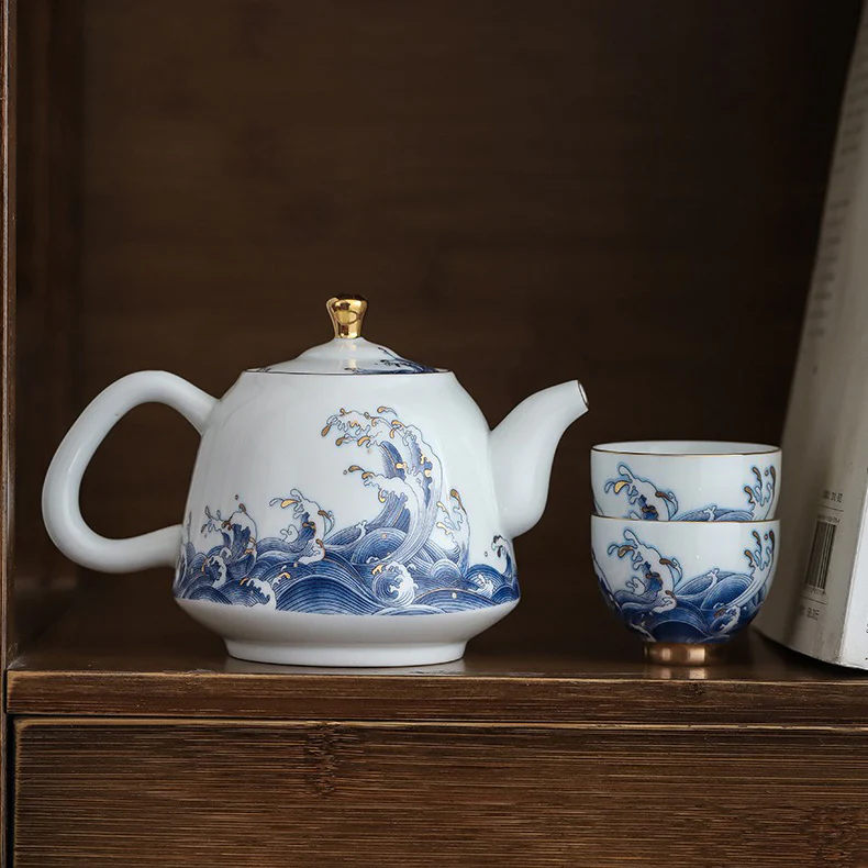 Chinese Sea Wave Teapot With Golden Rims - Image 11