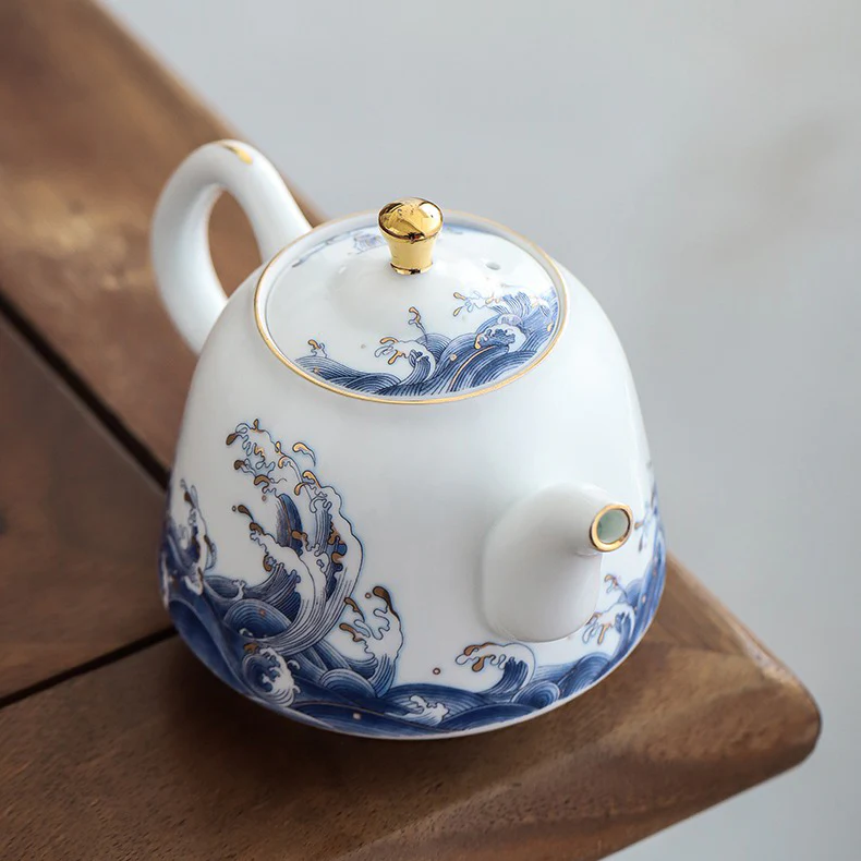 Chinese Sea Wave Teapot With Golden Rims - Image 12