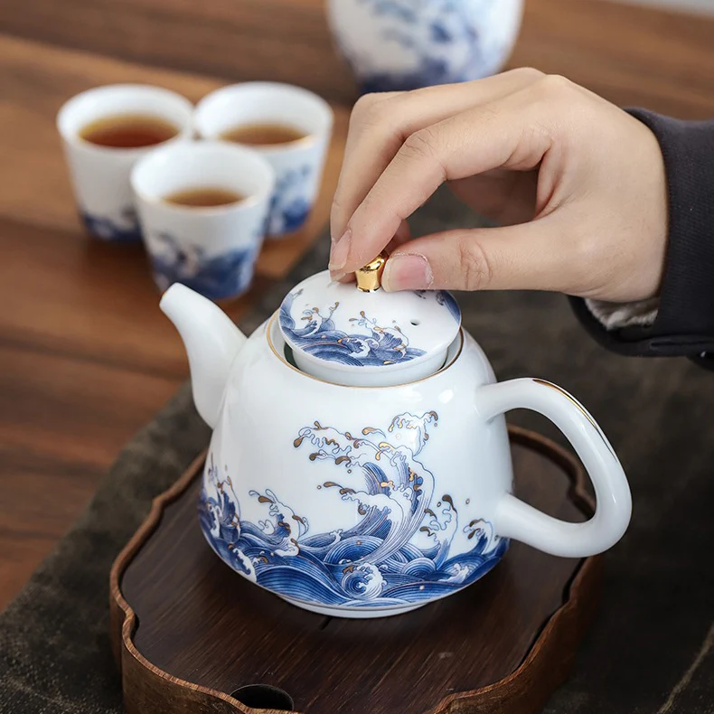 Chinese Sea Wave Teapot With Golden Rims - Image 9