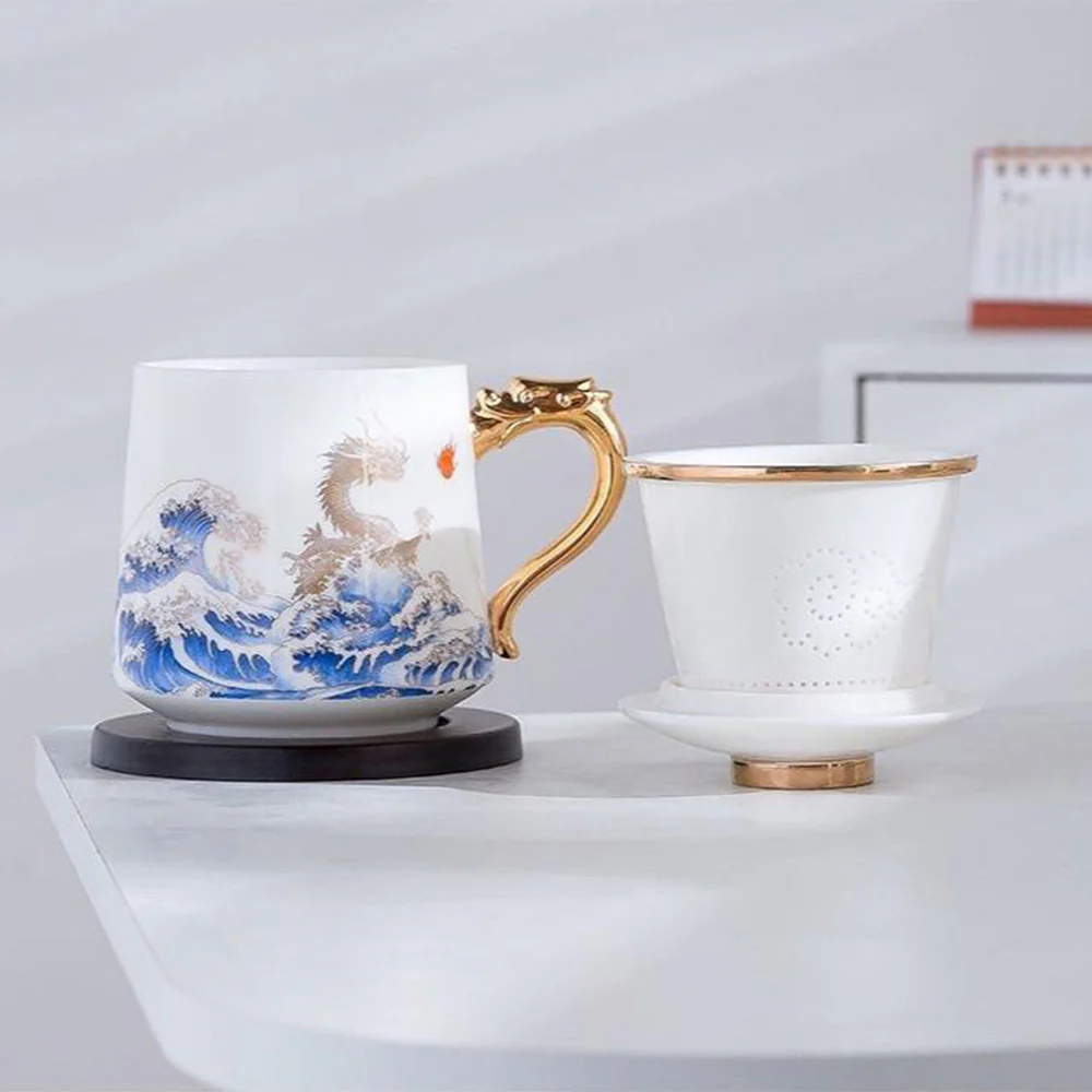 Dragon And Sea Wave Jade Porcelain Tea Cup - Image 4