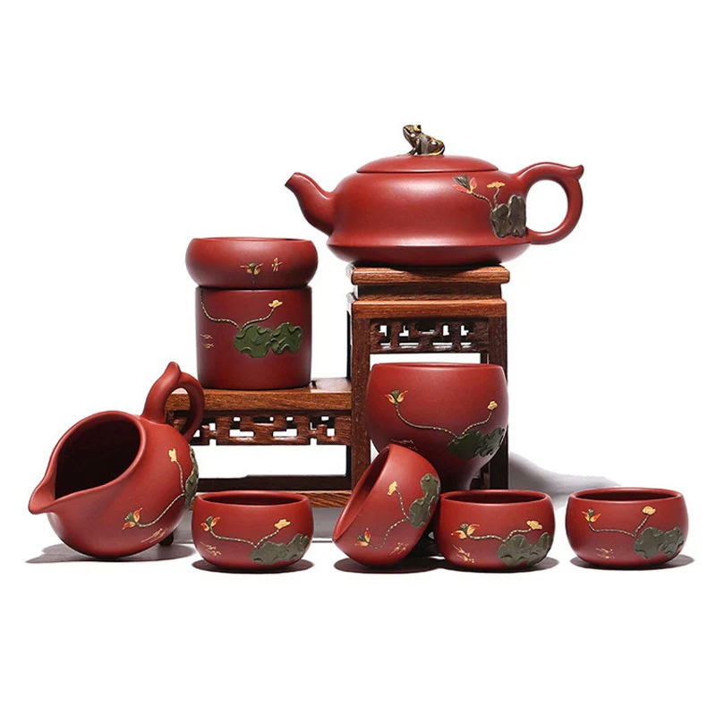 Handmade Yixing Red Clay Lotus Tea Set - Image 3