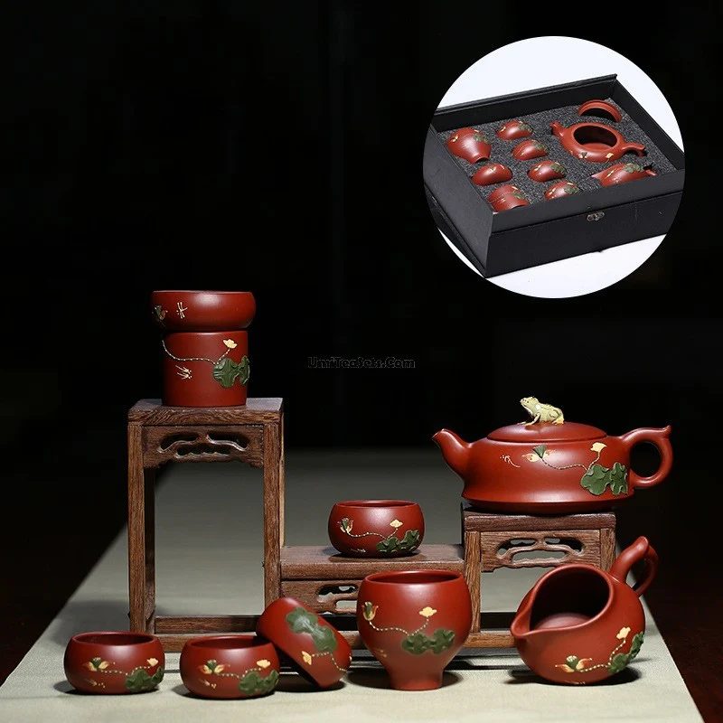 Handmade Yixing Red Clay Lotus Tea Set - Image 4