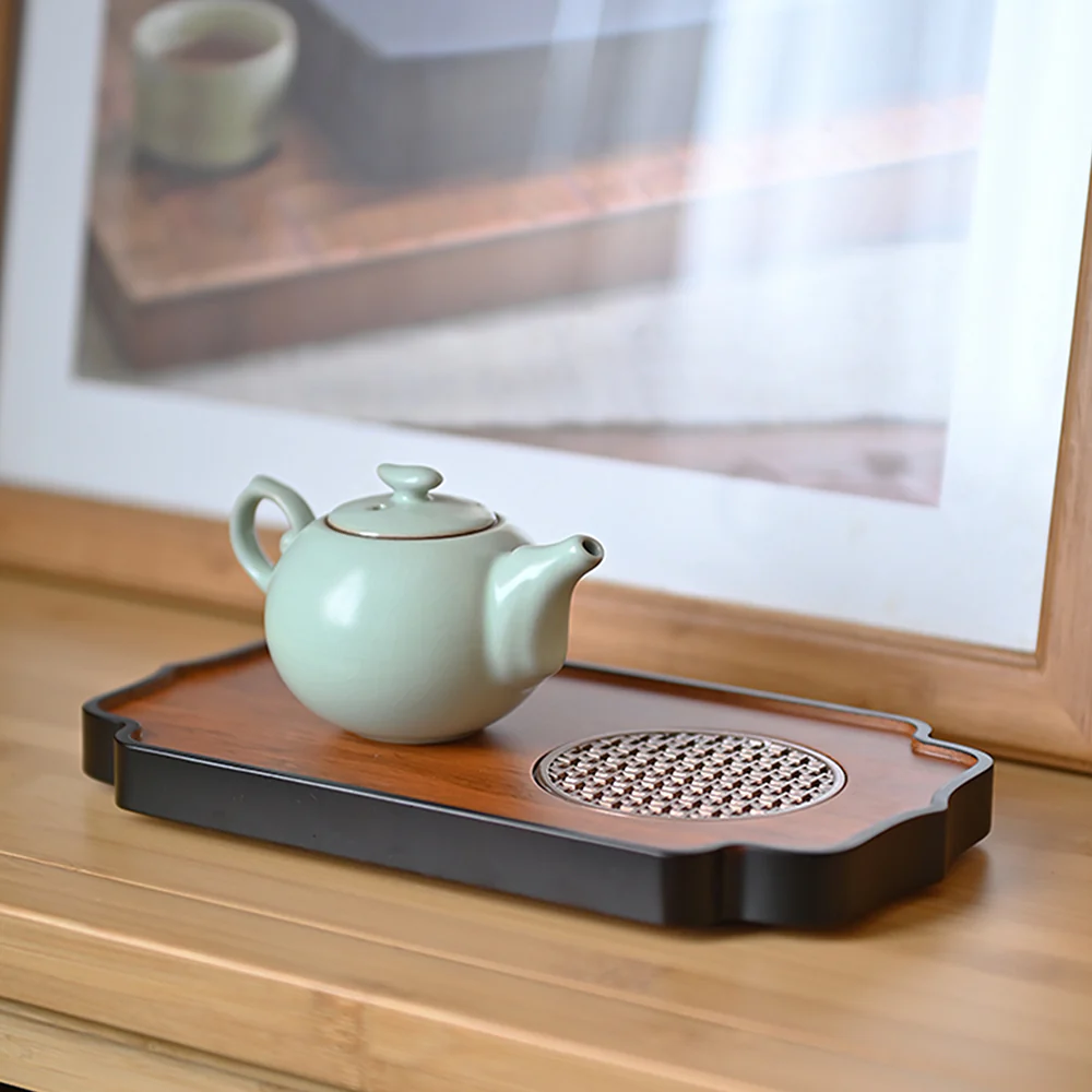Hollow Metal Stand Bamboo Tea Tray - Image 4