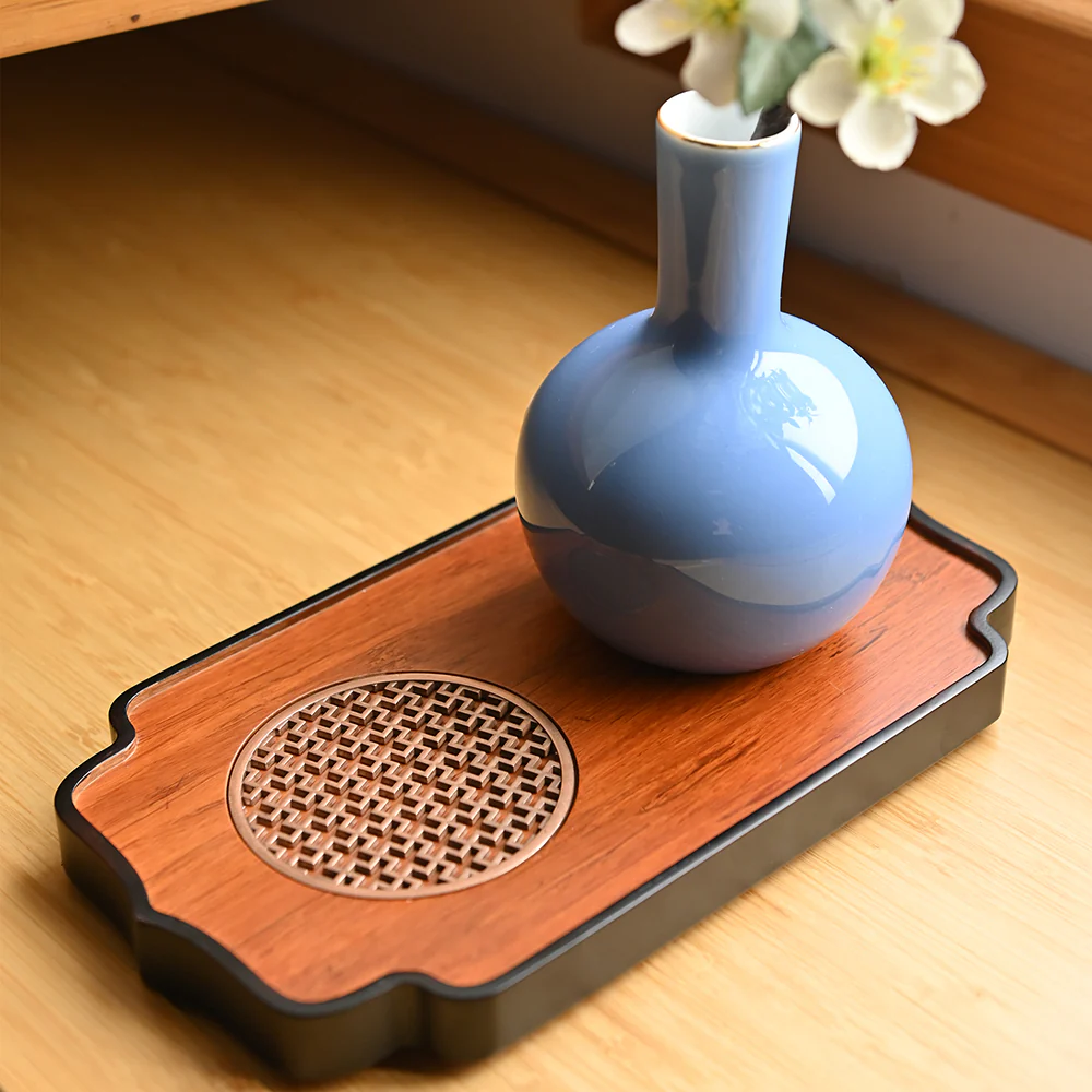 Hollow Metal Stand Bamboo Tea Tray - Image 5