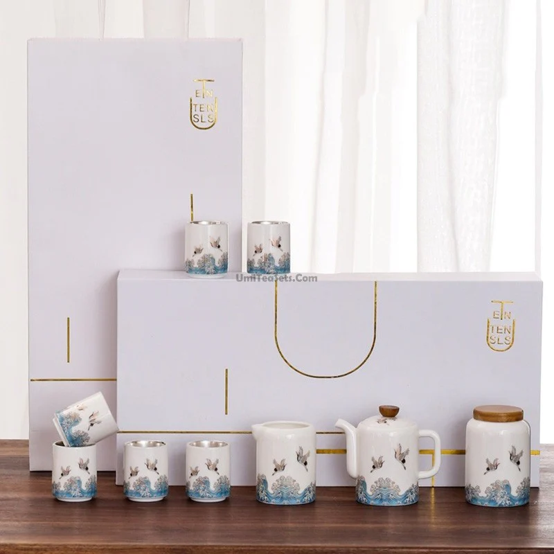 Jade Porcelain Tea Set With Inner Silver - Image 5