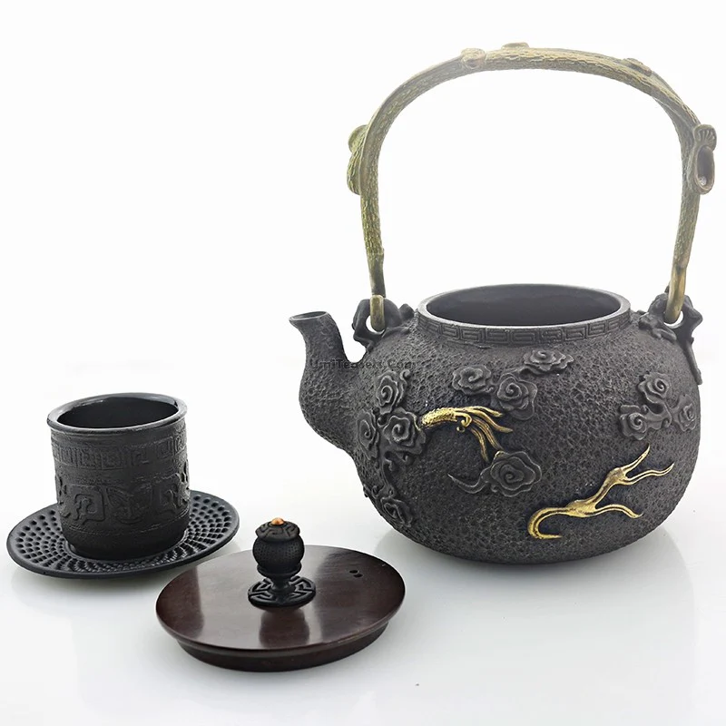 Japanese Cast Iron Golden Dragon Tea Set - Image 3