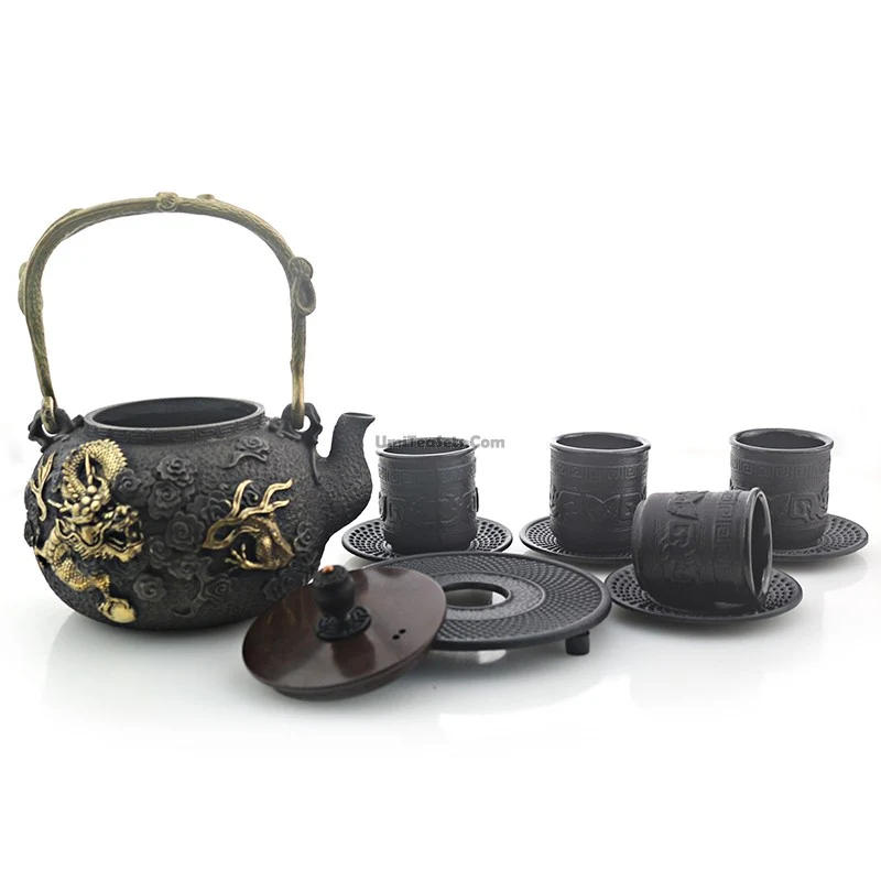 Japanese Cast Iron Golden Dragon Tea Set - Image 4
