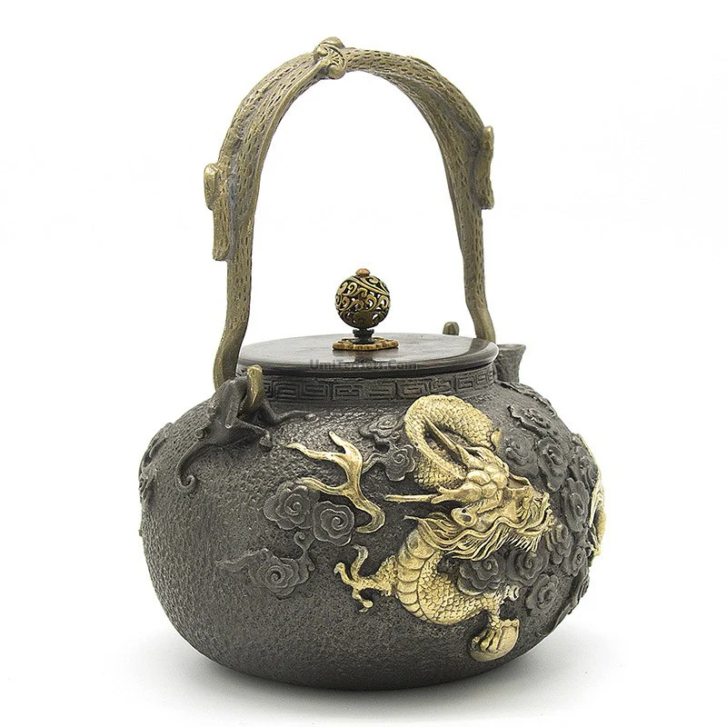 Japanese Cast Iron Golden Dragon Teapot - Image 3