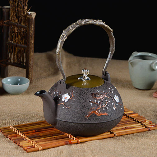 Japanese Cast Iron Magpie Plum Teapot - Image 3
