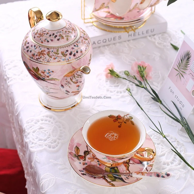 Pink Birds Bone China Tea Set - Image 3