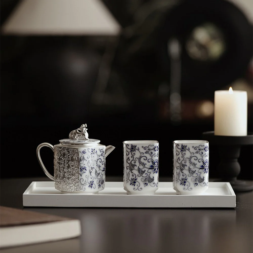 Silver-Gilt Blue And White Engraving Teapot - Image 7