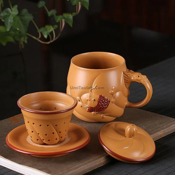 Yixing Yellow Clay Fish & Dragon Tea Cup - Image 4