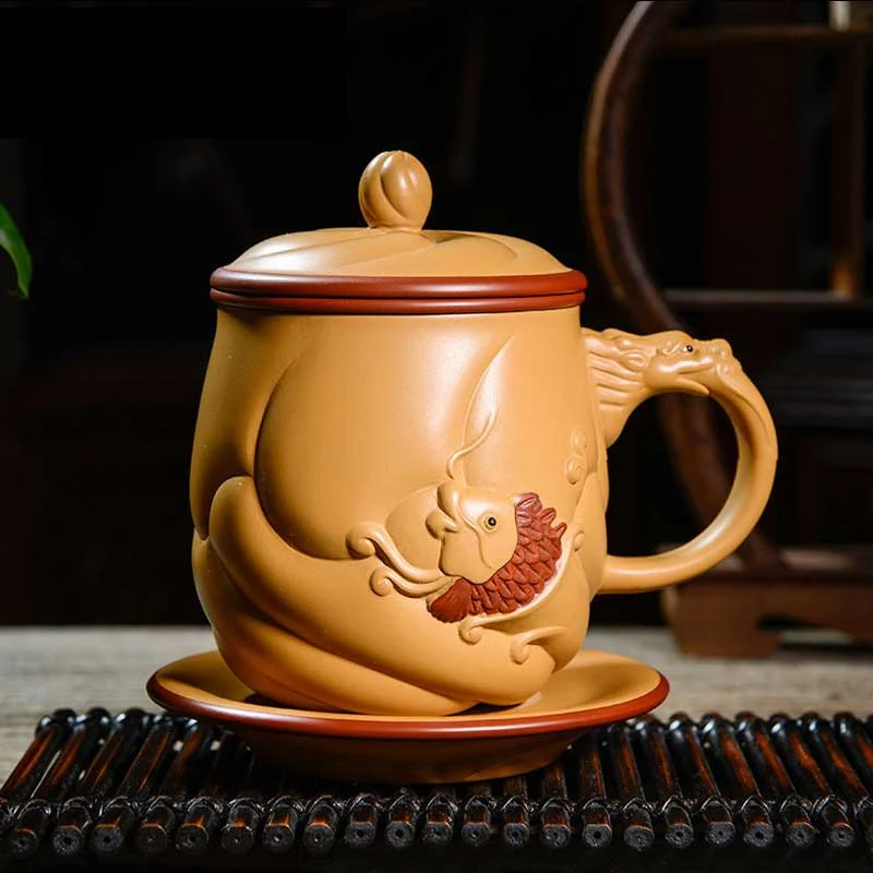 Yixing Yellow Clay Fish & Dragon Tea Cup - Image 9